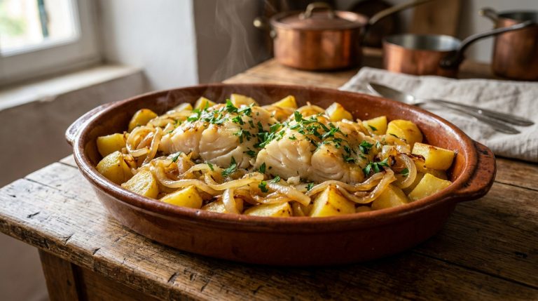 Morue et pommes de terre sautées avec des oignons et du persil dans un plat en terre cuite sur une table en bois.