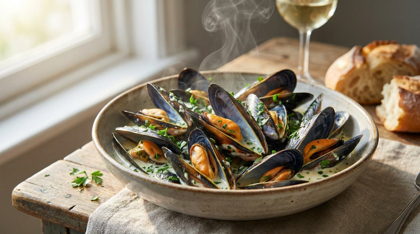 Un bol fumant de moules à la crème et persillade sur une table en bois, accompagné d'un verre de vin blanc et de pain.