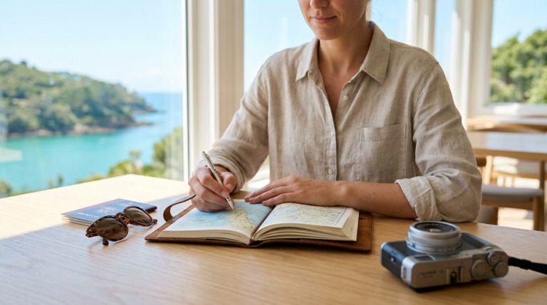 Une femme prépare son itinéraire de voyage sur une carte avec un stylo, devant une vue sur la mer.