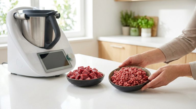 Un Thermomix à côté de bols contenant des cubes de bœuf et de la viande hachée fraîche sur un comptoir de cuisine.