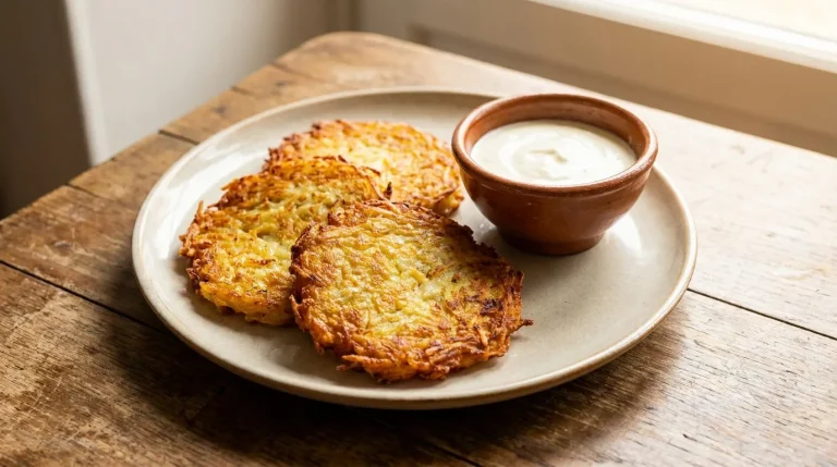 Trois galettes de pommes de terre dorées et croustillantes servies dans une assiette avec un bol de sauce blanche.