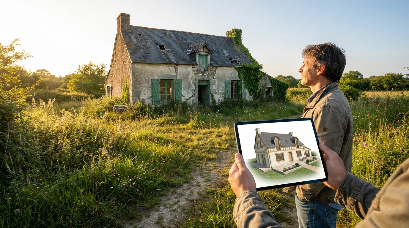 Un homme regarde une ancienne maison délabrée tout en tenant une tablette affichant un projet de rénovation moderne.