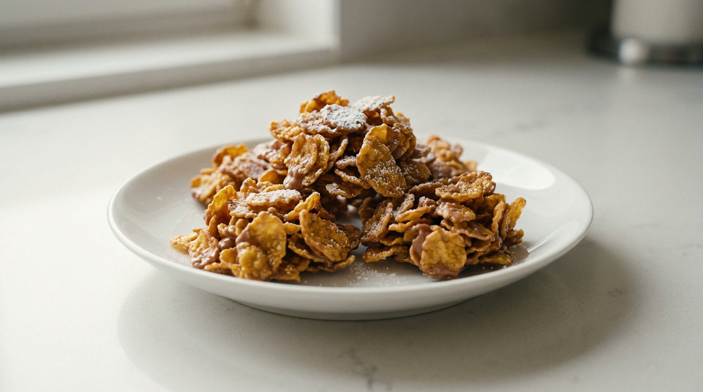 Roses des sables au chocolat croustillantes saupoudrées de sucre glace sur une assiette blanche.