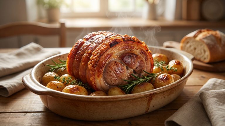 Une rouelle de porc rôtie dorée avec des pommes de terre et des herbes dans un plat en céramique fumant.