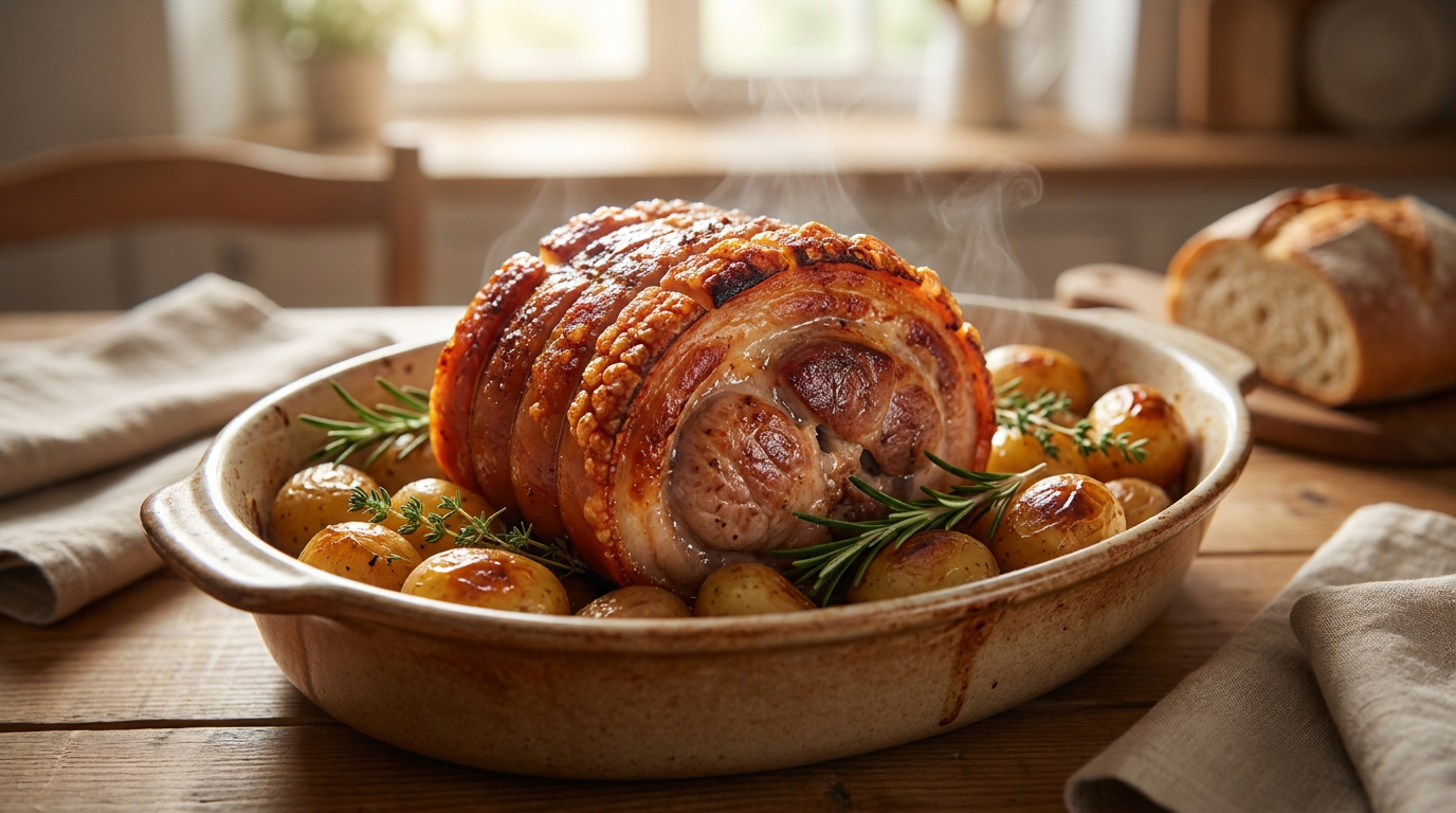 Une rouelle de porc rôtie dorée avec des pommes de terre et des herbes dans un plat en céramique fumant.