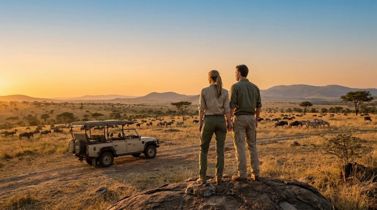 Un couple debout sur un rocher, observant un paysage de savane africaine au coucher du soleil avec leur 4x4.