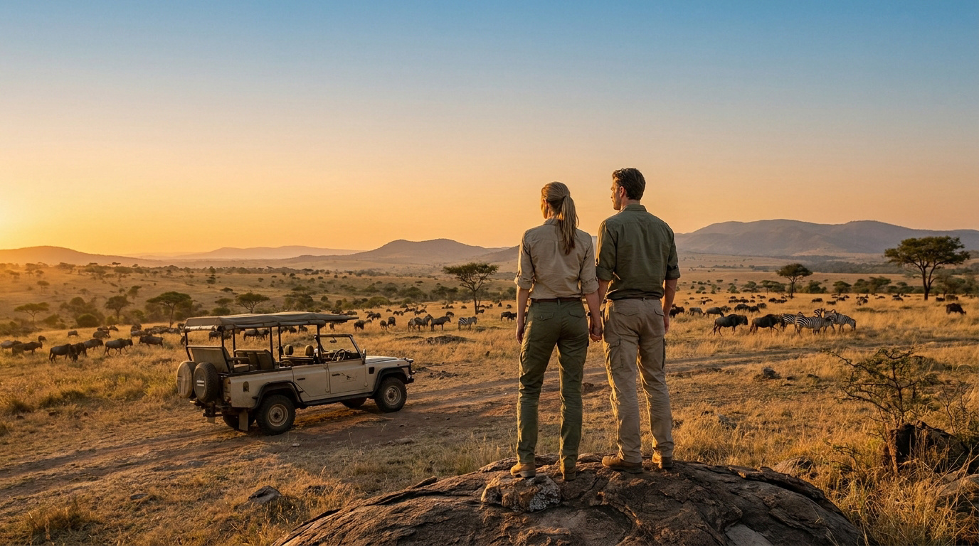 Un couple debout sur un rocher, observant un paysage de savane africaine au coucher du soleil avec leur 4x4.