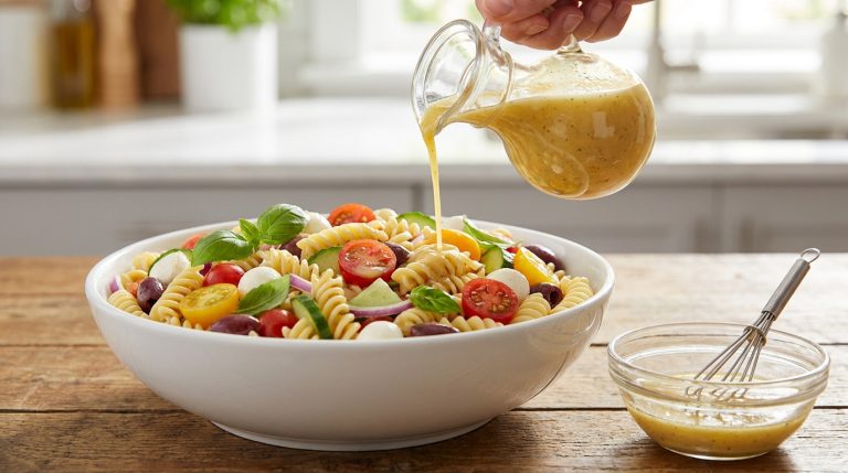 Main versant une vinaigrette dorée sur une salade de pâtes composée de tomates, olives, basilic et mozzarella dans un bol.