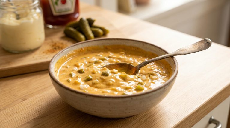 Un bol en céramique contenant une sauce onctueuse avec des morceaux de cornichons et d'oignons sur une table en bois.