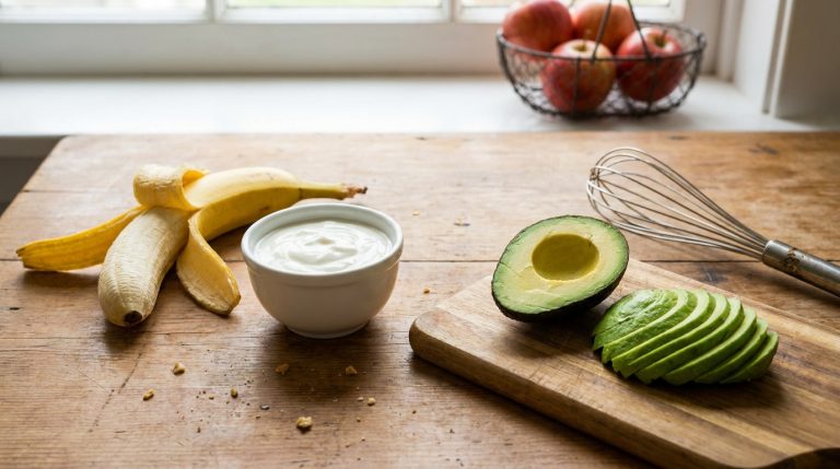 Banane, yaourt et avocat tranché sur une table en bois avec un fouet pour remplacer la compote dans les gâteaux.