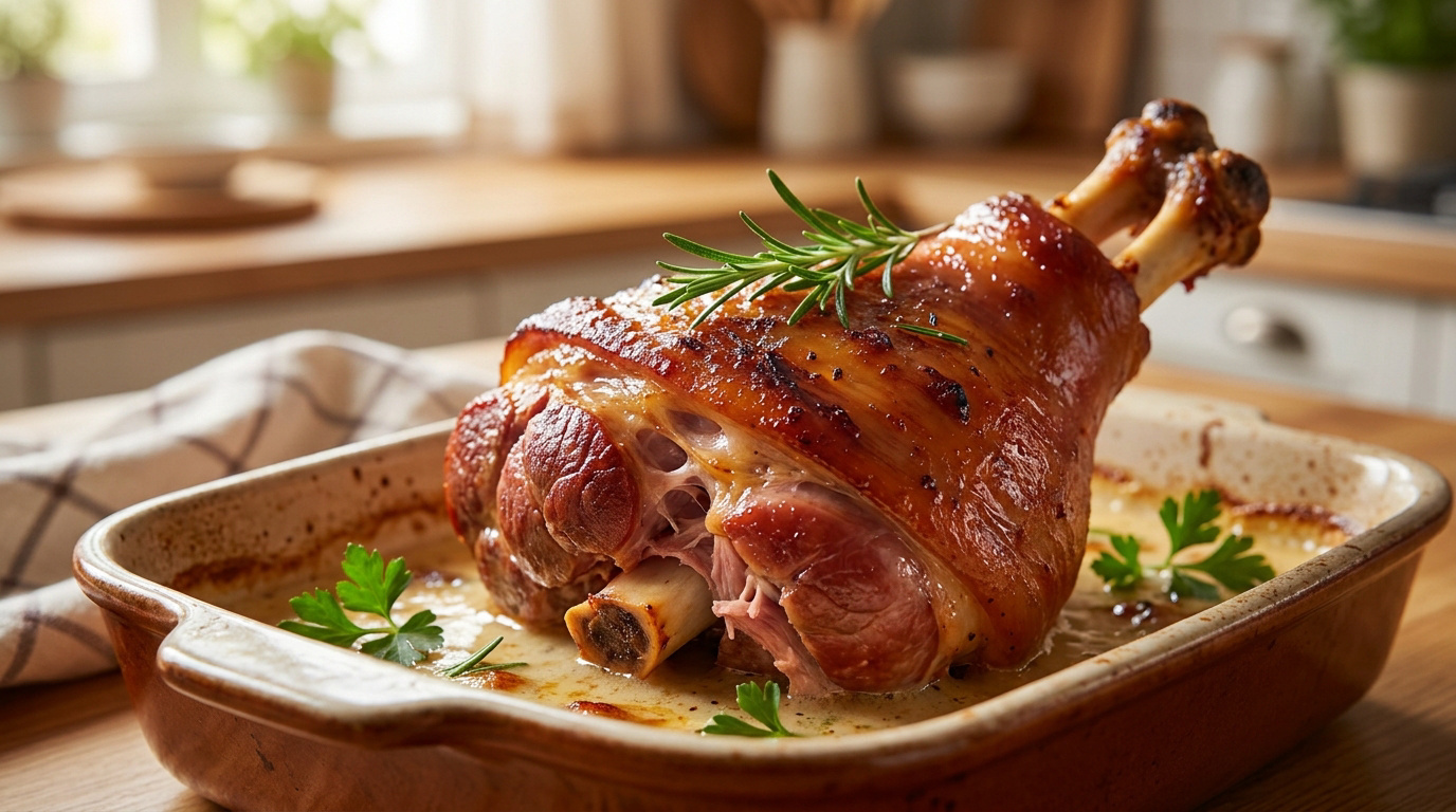 Talon de jambon doré et juteux dans un plat en céramique, garni d'un brin de romarin frais.