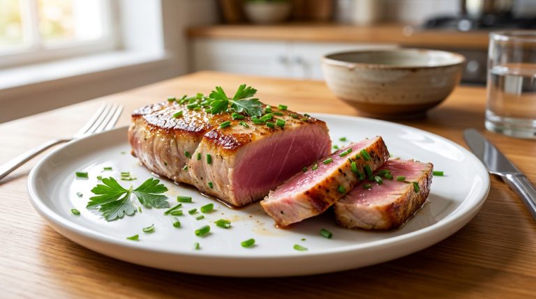 Une longe de thon mi-cuit coupée en tranches sur une assiette blanche, garnie de ciboulette fraîche.