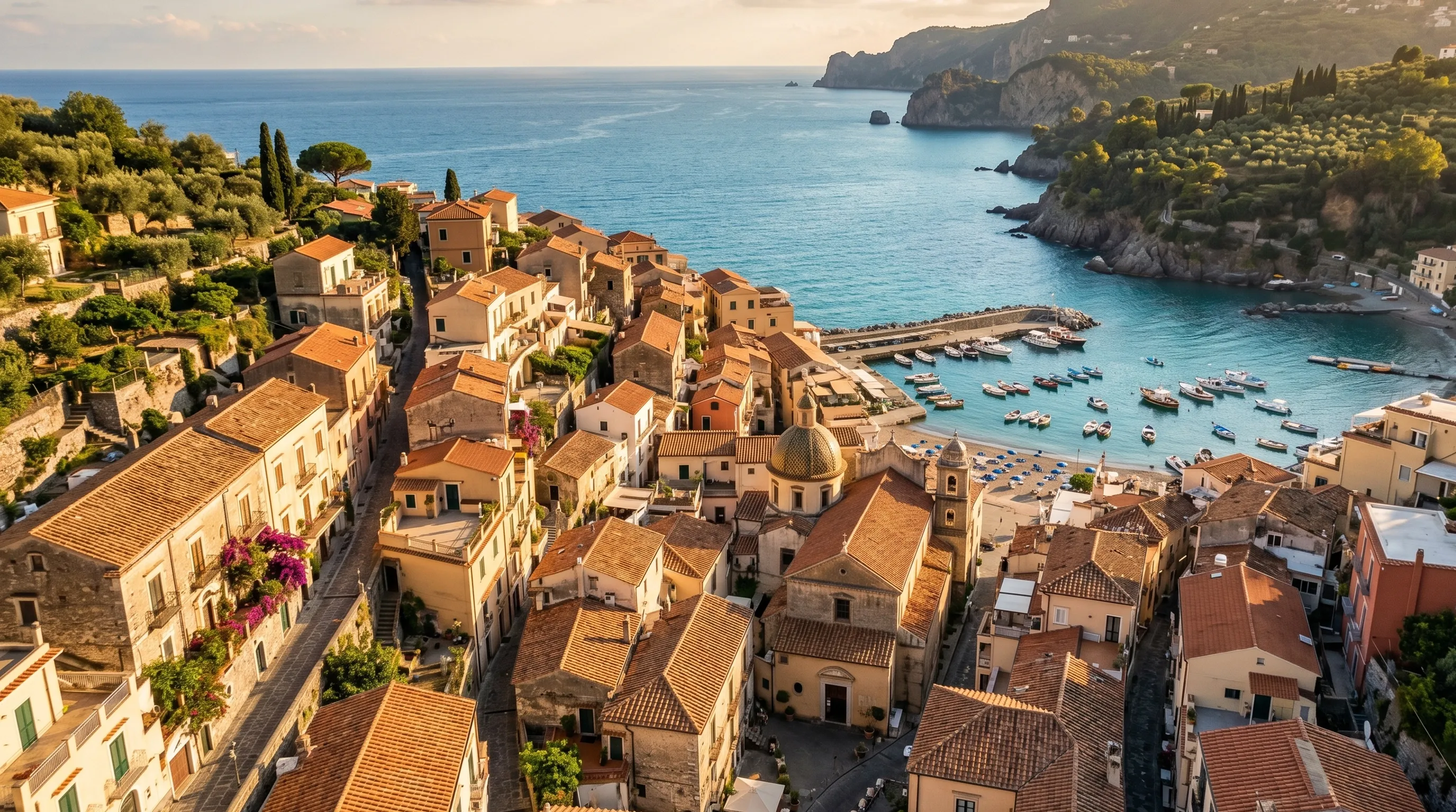 Vue aérienne d'un village côtier européen au coucher du soleil, inspiration voyage