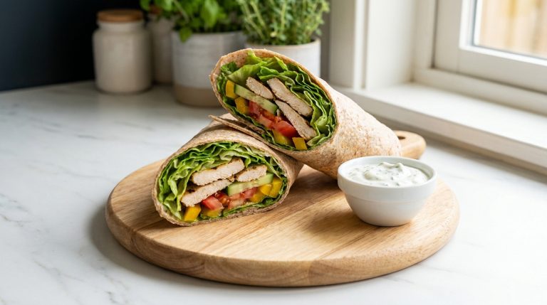 Un wrap au poulet grillé et crudités coupé en deux, servi avec une sauce au yaourt sur une planche en bois.