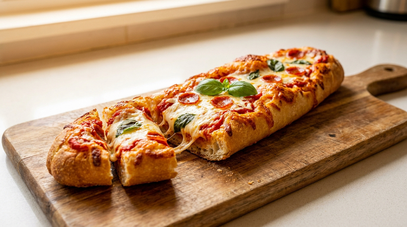 Une baguette pizza au pepperoni et basilic frais coupée sur une planche en bois.
