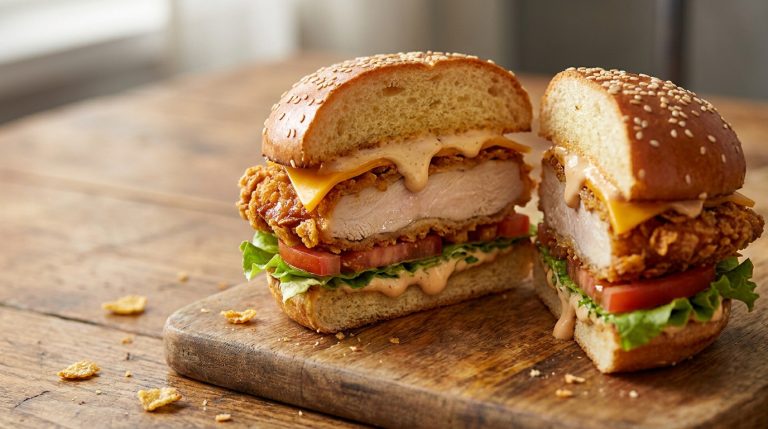 Un burger coupé en deux au poulet croustillant avec fromage fondu, tomate et laitue sur une planche en bois.