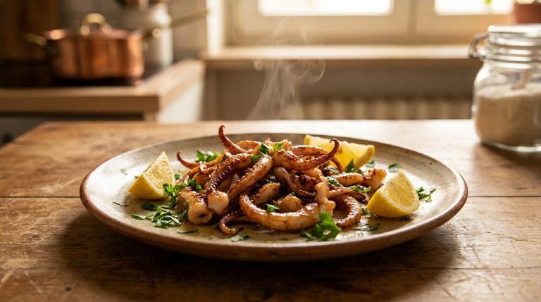 Tentacules d'encornet fumants servis sur une assiette avec du persil frais et des quartiers de citron.