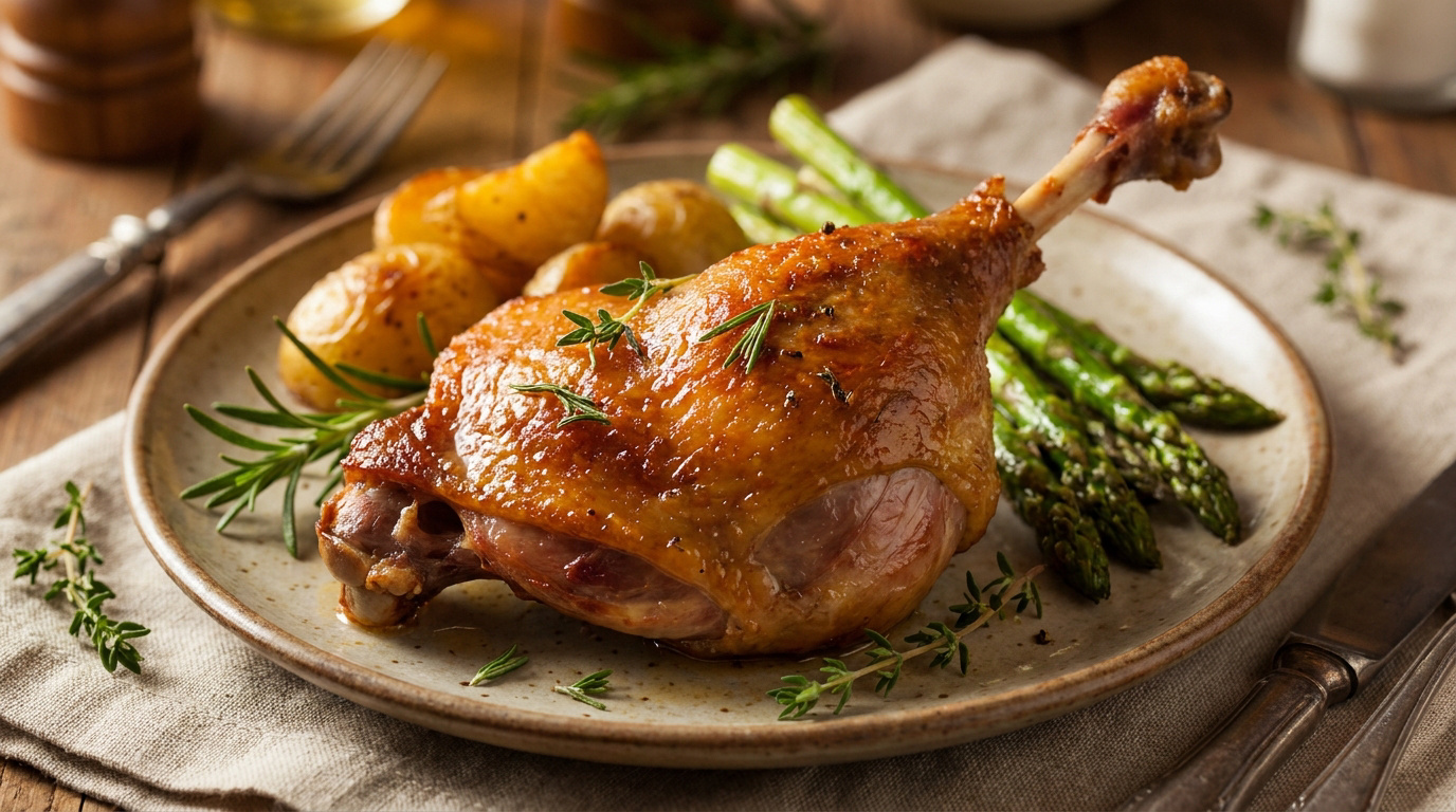 Une cuisse de canard dorée servie sur une assiette avec des pommes de terre rôties, des asperges et du thym frais.
