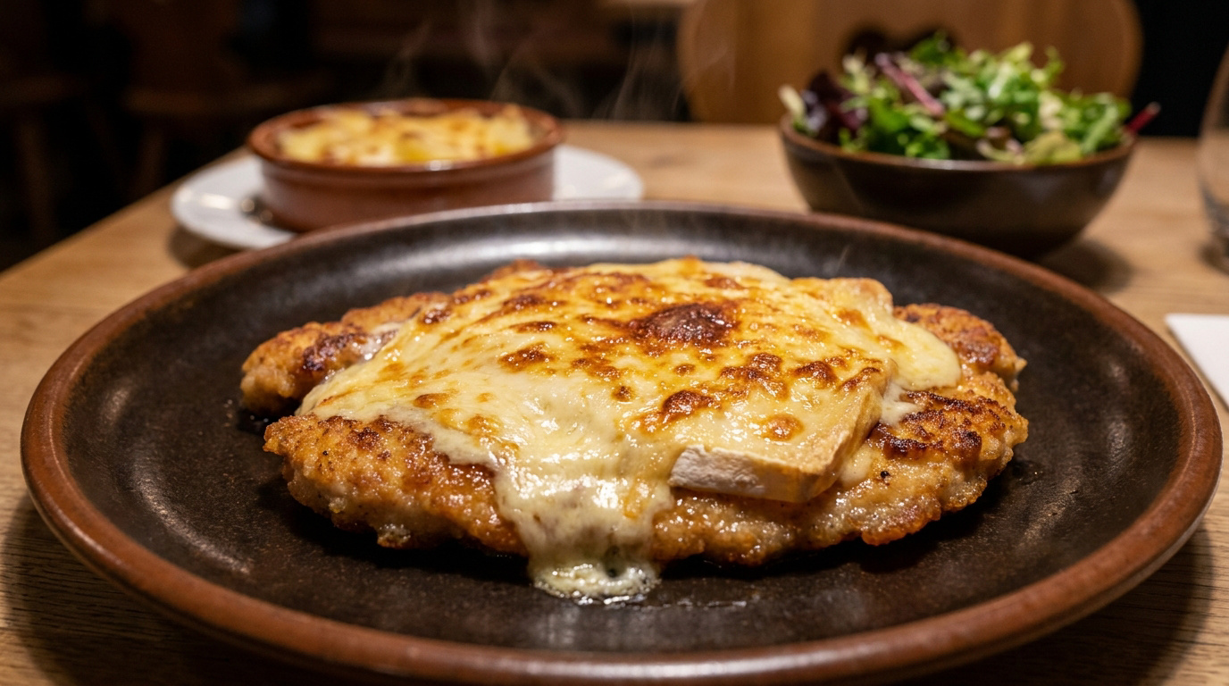 Une escalope panée croustillante recouverte de fromage fondu sur une assiette sombre.
