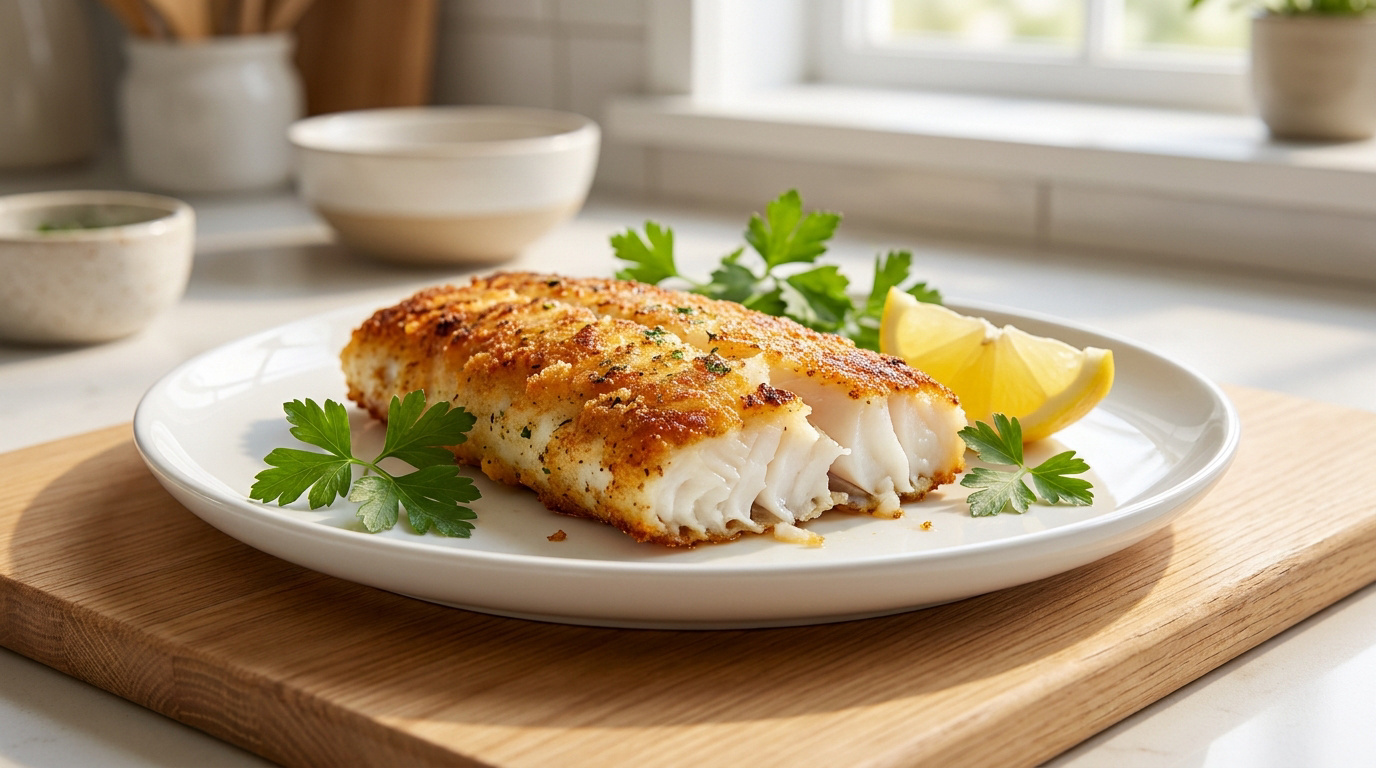 Filet de poisson pané croustillant servi dans une assiette avec du persil frais et un quartier de citron.