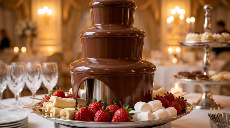 Une fontaine de chocolat à trois niveaux entourée de fraises, bananes et guimauves sur une table de réception élégante.