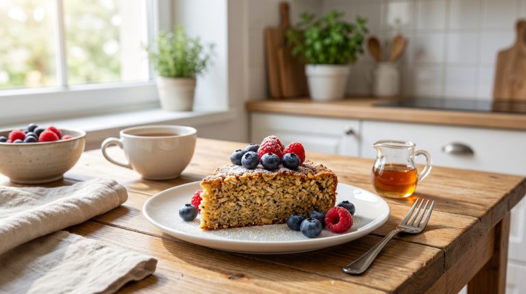 Une part de gâteau aux flocons d'avoine garnie de baies fraîches sur une table en bois dans une cuisine lumineuse.