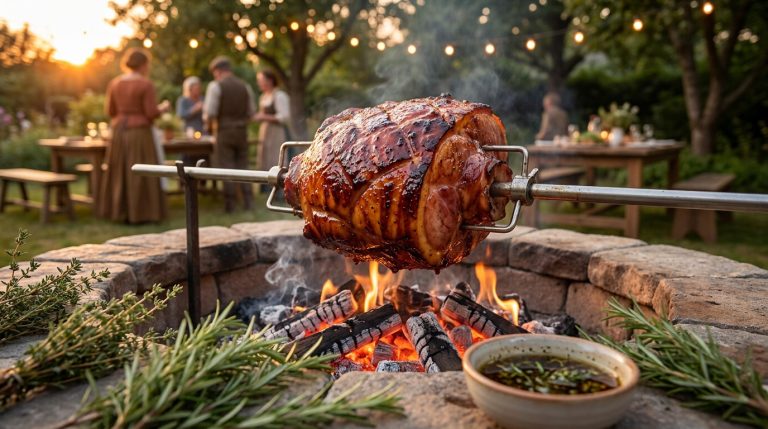 Jambon glacé tournant sur une broche au-dessus d'un feu de bois dans un jardin avec des invités en arrière-plan.