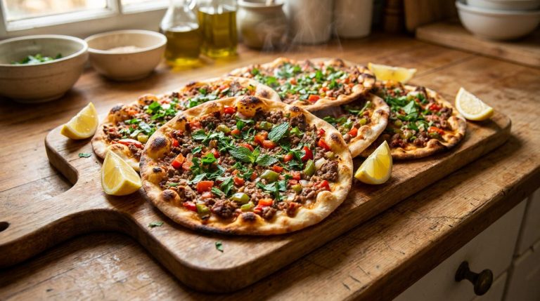 Pizzas arméniennes Lahmajoun garnies de viande hachée, poivrons et herbes fraîches, servies avec des quartiers de citron.