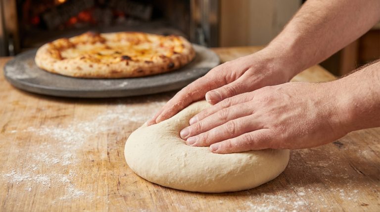 Mains pétrissant une boule de pâte à pizza sur un plan de travail en bois avec une pizza cuite en arrière-plan.