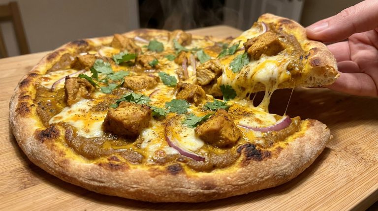 Une part de pizza au poulet curry fumante soulevée par une main au-dessus d'une planche en bois.