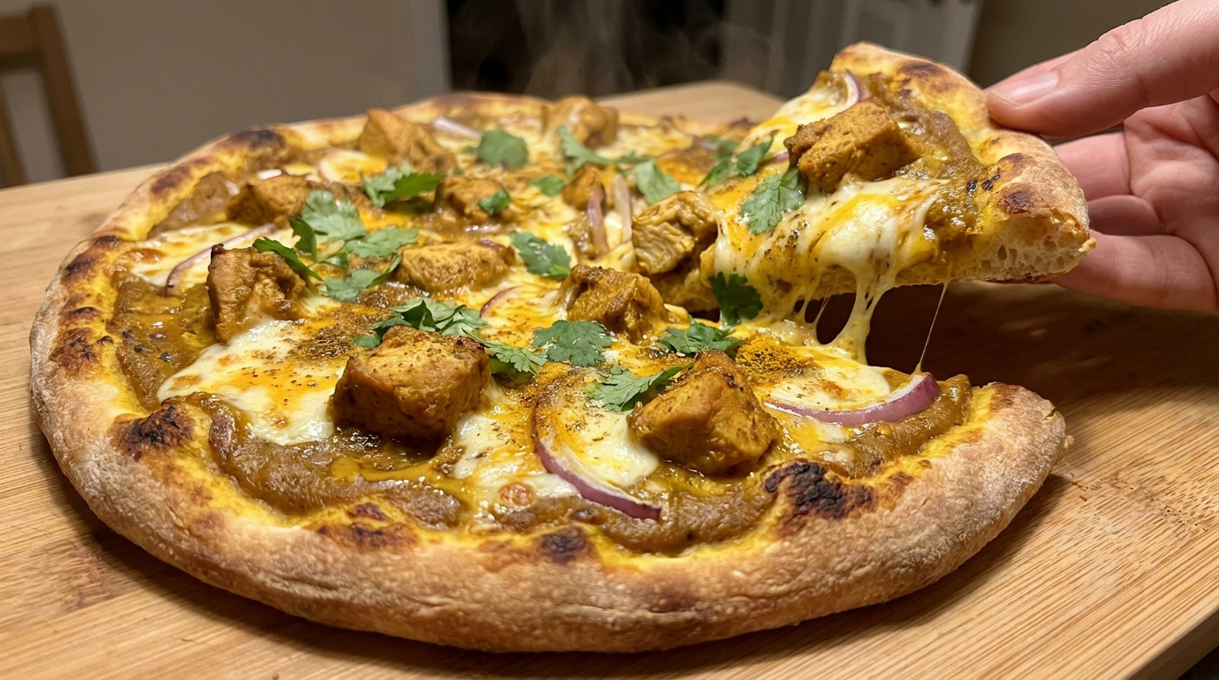 Une part de pizza au poulet curry fumante soulevée par une main au-dessus d'une planche en bois.