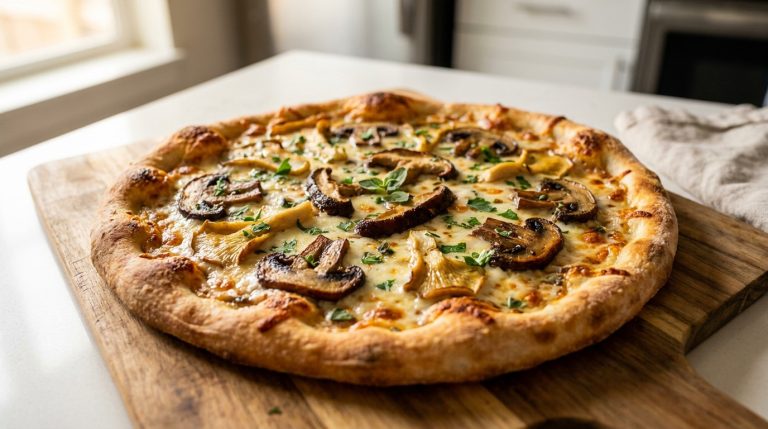 Une pizza maison aux champignons frais et aux herbes aromatiques, posée sur une planche en bois dans une cuisine lumineuse.
