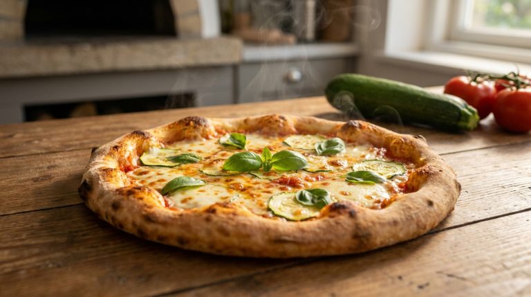 Une pizza fumante à la courgette et au basilic sur une table en bois, devant un four à pizza.