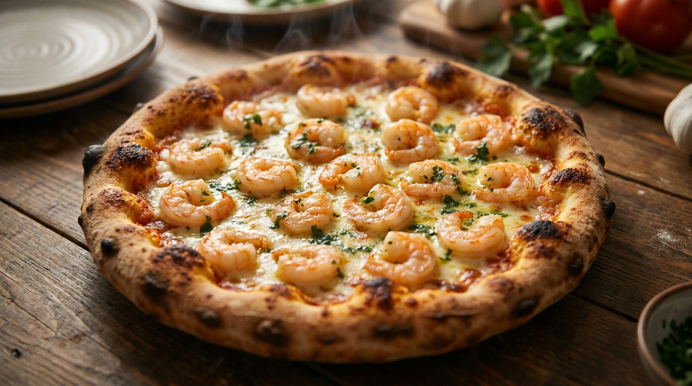 Une pizza aux crevettes fumante sur une table en bois avec des ingrédients frais en arrière-plan.
