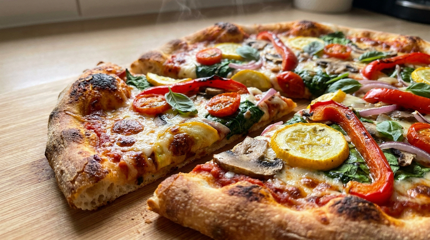 Une pizza fumante aux légumes colorés fraîchement sortie du four sur une planche en bois.