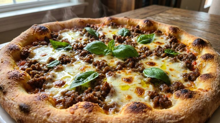 Une pizza Campione fumante garnie de viande hachée, de mozzarella fondue et de feuilles de basilic frais sur une table.