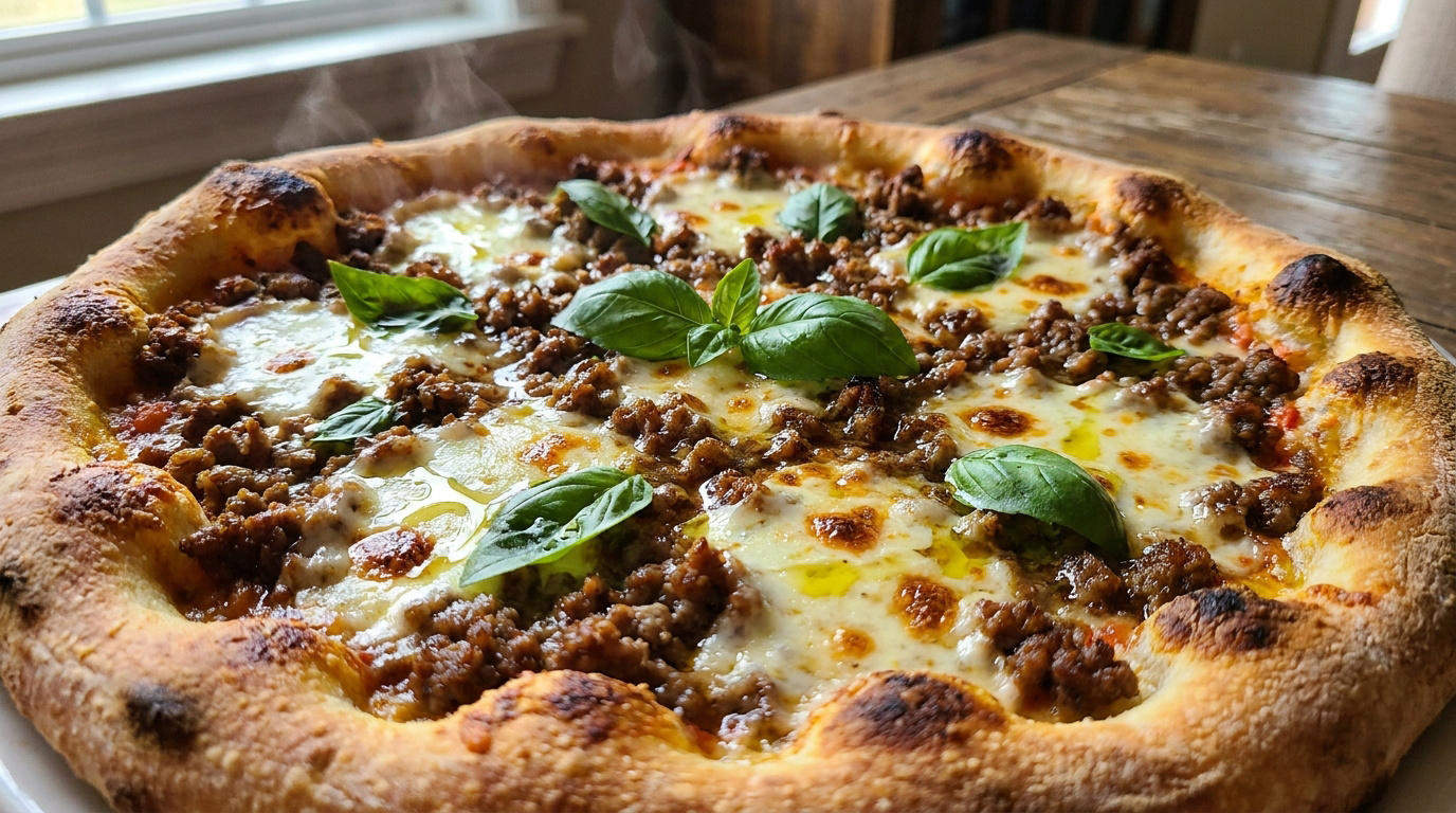 Une pizza Campione fumante garnie de viande hachée, de mozzarella fondue et de feuilles de basilic frais sur une table.