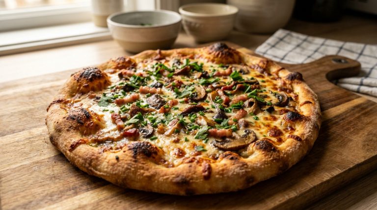 Une pizza forestière dorée garnie de champignons, de lardons et d'herbes fraîches sur une planche en bois.