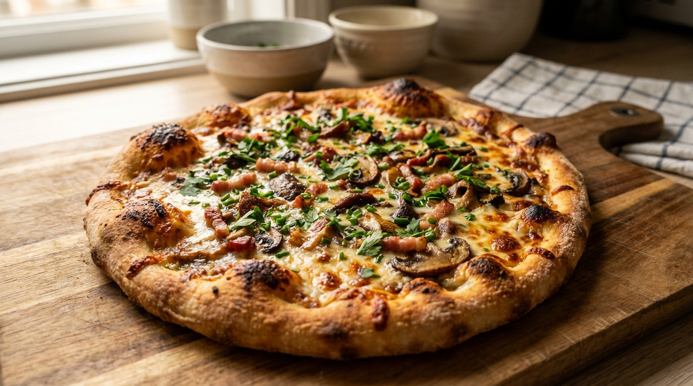 Une pizza forestière dorée garnie de champignons, de lardons et d'herbes fraîches sur une planche en bois.