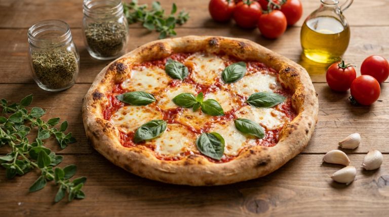 Une pizza margherita fraîchement cuite entourée d'herbes aromatiques, de tomates cerises, d'ail et d'huile d'olive.