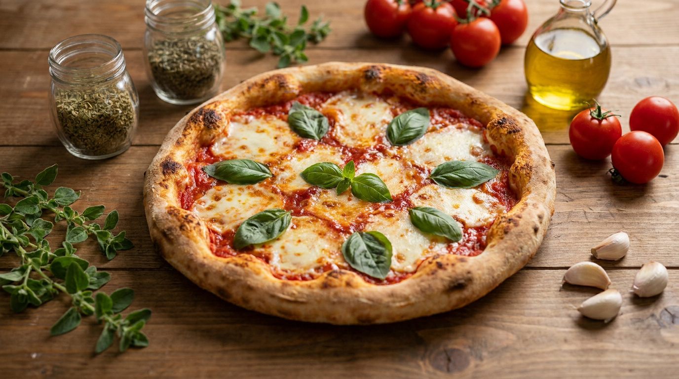 Une pizza margherita fraîchement cuite entourée d'herbes aromatiques, de tomates cerises, d'ail et d'huile d'olive.