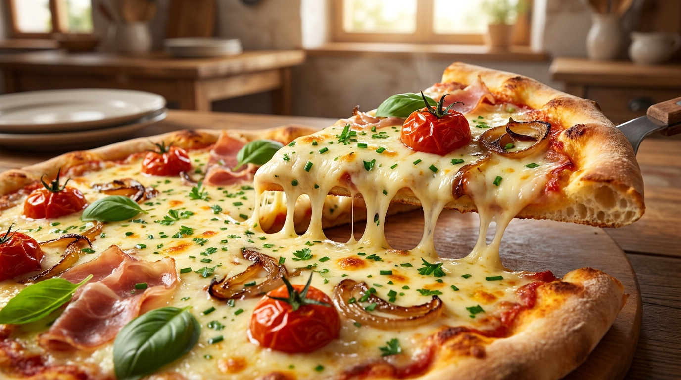 Une part de pizza au Boursin fondante avec tomates cerises, jambon et basilic frais, servie sur une planche en bois.