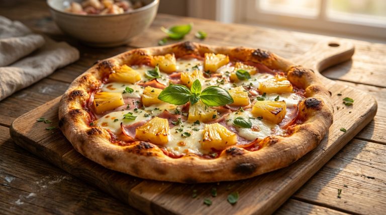 Une pizza à l'ananas et au jambon sur une planche en bois avec du basilic frais, sous une lumière douce.