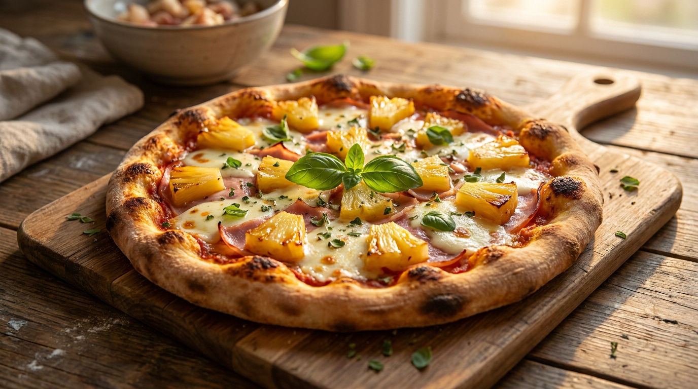 Une pizza à l'ananas et au jambon sur une planche en bois avec du basilic frais, sous une lumière douce.