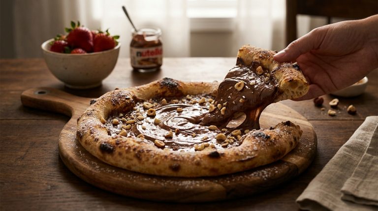 Une main soulève une part de pizza au Nutella garnie de noisettes sur une planche en bois, avec des fraises en arrière-plan.