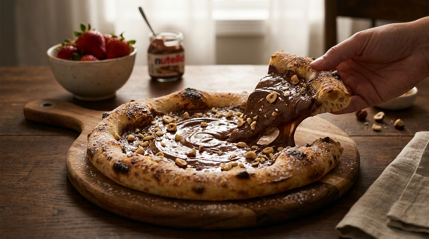 Une main soulève une part de pizza au Nutella garnie de noisettes sur une planche en bois, avec des fraises en arrière-plan.