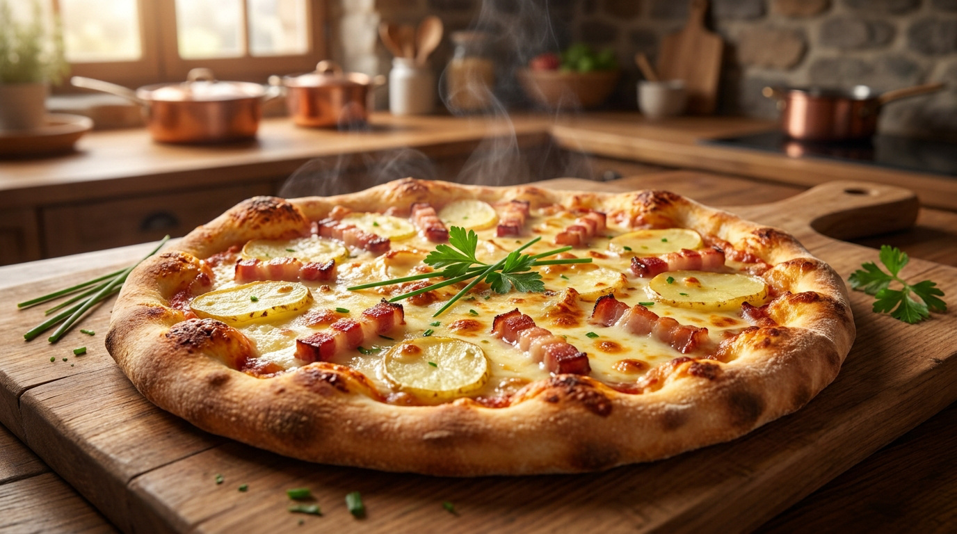 Pizza fumante garnie de pommes de terre, lardons et fromage sur une planche en bois dans une cuisine rustique.