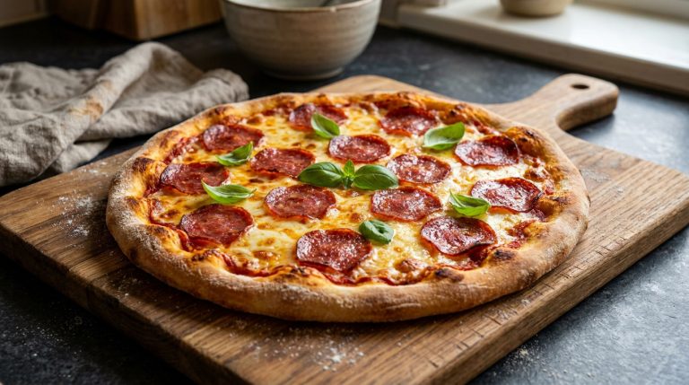 Une pizza au salami maison garnie de basilic frais, posée sur une planche en bois dans une cuisine.