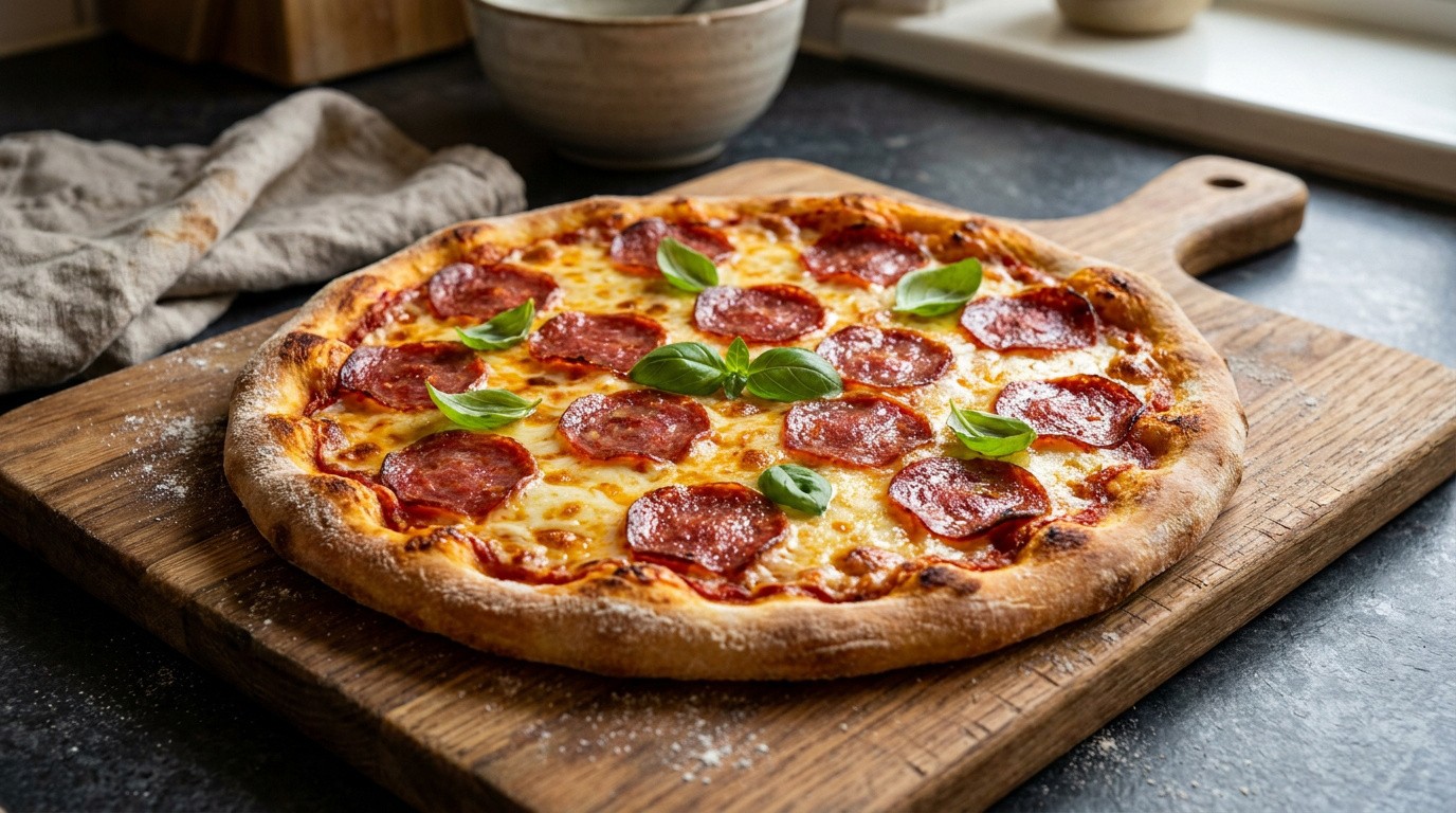 Une pizza au salami maison garnie de basilic frais, posée sur une planche en bois dans une cuisine.