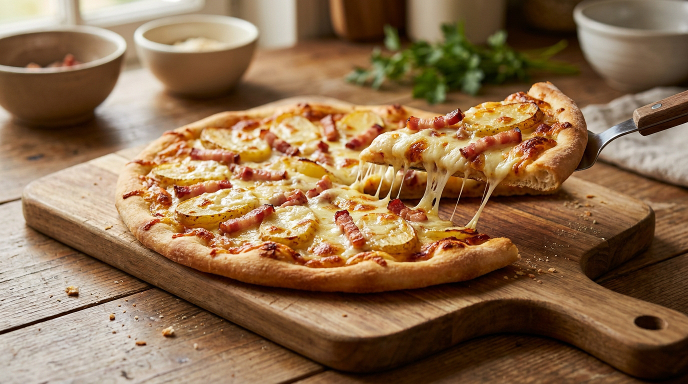 Une pizza tartiflette maison avec des tranches de pommes de terre, des lardons et du fromage fondant sur une planche en bois.